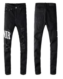 Top Brand Straight Distressed Jeans Motorcycle Ripped Holes Black Colour Mens Jean Casual Slim Fit Letter Printed Denim Pants 100 17957668