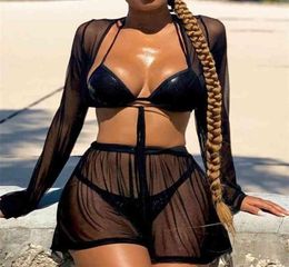 2pcs Women Long Sleeve Coverups Sets Bikini Cover Up Summer Ladies Sexy Top Swim Shorts Beach Swimsuits Bathing Suit 2107287327076