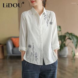 Women's Blouses Spring Summer Polo-neck Cotton Linen Embroidery Shirt Lady Long Sleeve Casual Fashion Literary Vintage Cardigan Blouse Top