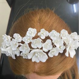 SLBRIDAL Handmade Luxury Rhinestones Pearls Ceram Flower Bridal Tiara Headband Wedding Bridesmaids Crown Women Hair Comb Jewellery