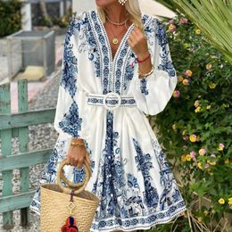 Casual Dresses Women's Fashion 2024 Summer Blue Print V-Neck Long Sleeve Bohemian Dress Elegant Womens Belt Lantern Holiday Vestidos