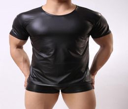 Men039s TShirts Men Patent Leather Short Sleeve T Shirts PU Sexy Fitness Tops Gay Latex Tshirt Stage Tee Party Clubwear7033110