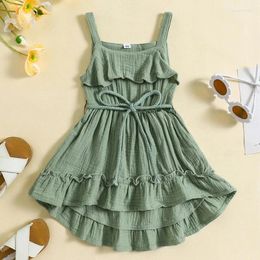 Girl Dresses 0-5Y Baby Summer Solid Colour Ruffles Dress Casual Sleeveless Square Neck Belted Children Girls A-Line Sundress Outfit