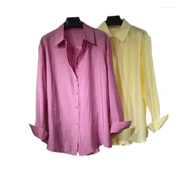 Women's Blouses Thin Transparent Summer Pink Clothing Lapel Collar Long Sleeve Shirts Sunscreen Shirt Casual Loose Street Coat