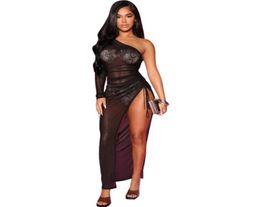 Casual Dresses Mesh Sheer Patchwork See Through Long Party Dress Summer Clothes For Women Single Shoulder Ruched Drawstring Side S6317375
