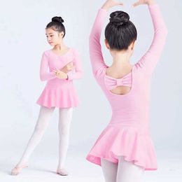 Dancewear Girls Ballet Leotards Bowknot Dance Dress Kids Long Sleeve Gymnastic Leotards Pink Cotton Children Gymnastics Bodysuits Dress Y240524