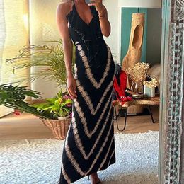 Casual Dresses Halter V-neck Ruffle Drape Front Printed Maxi Dress Summer Slim A-line Lace-up Elegant High Waist Backless Holiday