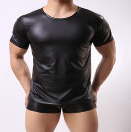 Men039s TShirts Men Patent Leather Short Sleeve T Shirts PU Sexy Fitness Tops Gay Latex Tshirt Stage Tee Party Clubwear1559752