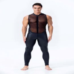 New Design Men Faux Leather Jumpsuit Sexy Mesh Stretch Catsuit Sleeveless See Through Bodysuit Male Zipper Open Crotch Clubwear 2984