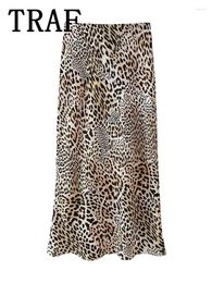 Skirts 2024 Animal Print Midi Skirt Woman High Waist Vintage Summer Satin Long For Women Elegant Casual Pencil