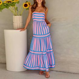 Basic Casual Dresses Womens Fashion Bohemian Coloured Spaghetti Strap Dress Summer Vacation Beach Long Sunskirt Striped Flowy Cami Maxi Dress Vestidos J240527