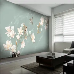 Wallpapers Chinese Hand Painted Magnolia Birds Wall Painting Living Room Bedroom Green Background Wallpaper Mural 3D Papers Home Decor