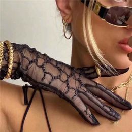 Chic Letter Embroidery Lace Gloves Sunscreen Drive Mittens Women Long Mesh Glove With Gift Box 221H