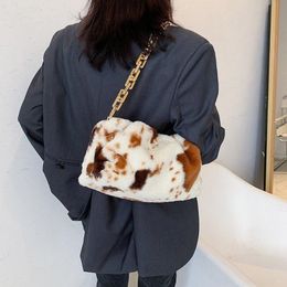 2021 New Winter Cow Print Women Cloud Bags Soft Plush Shoulder Bag Thick Gold Chain Bag Female Underarm Bags Warm Fur Clutch 168I