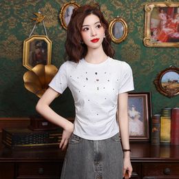 Luxury Drill Womens Tshirt Oneck Tees Fashion Draped Slim Waist T Shirt Short Sleeve Cotton Tops 240517