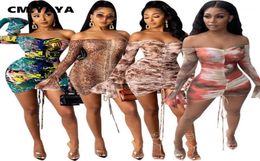 CMYAYA Tie Dye Letter Women Draped Midi Dress Off Shoulder Flare Long Sleeve Bodycon Sexy Club Party Pencil Mini Ruched Dresses19378097