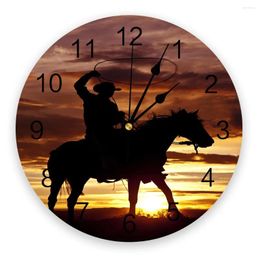 Wall Clocks Cowboy Farm Farmstead Sunset Scenery Horse Silent Home Cafe Office Decor For Kitchen Large