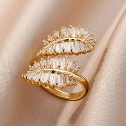 Cluster Rings Luxury White Cubic Zirconia Leaves For Women Stainless Steel Gold Plated Crystal Ring 2024 Wedding Jewellery Anillos