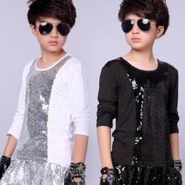 Jazz Costumes Boys Sequined Long Sleeve Round Neck Top Kids Hip Hop Clothing Boy Street Dancing Wear Children Stage Show DN2963 274m