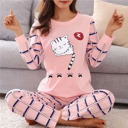 Women's Sleepwear Autumn 2pieces Pyjamas Set Women Thin Sexy Slpwear Lovely Home Suit 2023 Round Neck Girls Slpwearlong Slve Pajamas T240523