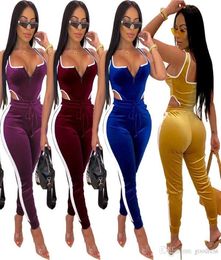 Womens Velvet romper two Piece Outfits set Sexy sleeveless vest jumpsuits Bodycon long Pants leggings tracksuit sweatsuit clothing7247315