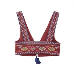 Women's Tanks French Style Women Fashion With Tie Tassel Embroidered Crop Tank Tops Sexy V Neck Wide Straps Female Waistcoat Party Vest