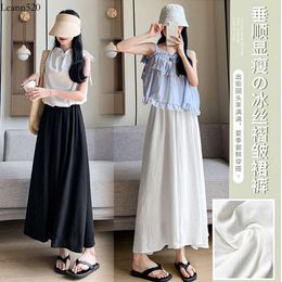 White skirt for women in spring autumn, small stature fluttering, pleated A-line skirt, summer cotton and linen high waisted draped wide leg pants