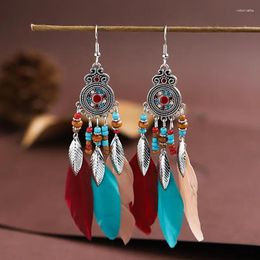 Dangle Earrings 2024 Boho Long Feather Women's Vintage Flower Wood Beads Tassel Leaf Drop Girl Wedding Jewellery Brincos