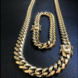 10mm Mens Miami Cuban Link Bracelet & Chain Set 14k Gold Plated Stainless Steel 335V