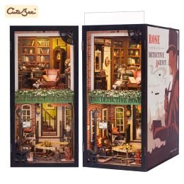 Cutebee DIY 3D Puzzle Wooden Book Nook Kit Dollhouse Bookshelf Building Miniature Booknook Toys Gifts Rose Detective Agency