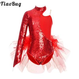 Dancewear Kids Girls Shiny Sequin Moden Latin jazz Leotard Dress One Shoulder Long Sleeves Tulle Skirted Bodysuit Ballet Dance Costume Y240524