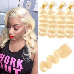 Malaysian Unprocessed Human Hair Extensions 8-30 inch Bundles With 4X4 Lace Closure 613 Blonde Body Wave Bundles With Closure Afblq