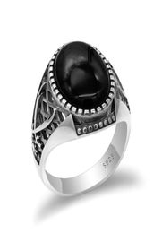 925 Sterling Silver Vintage Men Ring with Black Agate Stone Ring Double Swords Thai Silver Style for ManTurkish Handmade Jewelry9284239