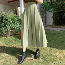 Womens Boxy Pleated Midi Skirt Elastic Waistband Back Twill Flowy Long Skirt Spring Summer Ladies Vintage Outfit 240527