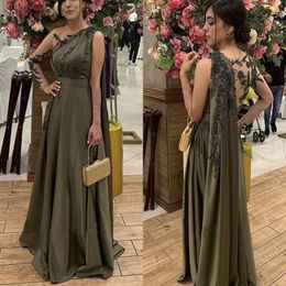 Arabic One Shoulder Olive Green Muslim Evening Dresses with Cape Long Sleeves Women Prom Dress Applique Lace Beaded Party Gowns Plus Si 2694