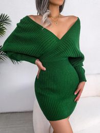 Casual Dresses Y2K Elegant Batwing Long Sleeve V Neck Corset Stretch Ribbed Pullover Knitwear Autumn Winter Knitted Bodycon Party Sweater