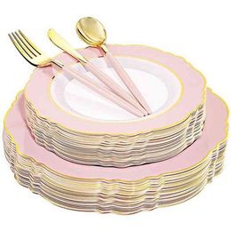 50 Pcs Disposable Tableware Pink Green Plastic Plate With Gold Edge Suitable for High-end Wedding Mother's Day Party Supplies 2109 294M