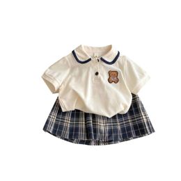 Vestiti per bambine Summer Polo Shirt Plaid 2 pezzi Set Kid Cartoon Bear JK Uniform Abito a pieghe con gonna a pieghe preppy