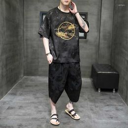 Men's Tracksuits Mens Tracksuits Summer Chinese Style Traditional Embroidery Suit Plus Size Ice Silk Hanfu t Shirt Shorts Harajuku Men Clothing Tracksuit2d8l