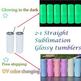 US Warehouse 20oz Straight Sublimation Tumblers UV Color Changing & Dark Glowing with Clear Straws Stainless Steel Double Wall Vacuum I 269E