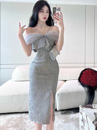 Runway Dresses New Jacquard Spliced Bow Mesh Midi Dress Summer Fashion Sling Dress Womens Korean Elegant Bodycon Luxury Festival Dress d240527