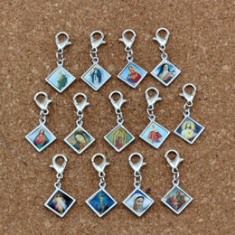 100pcs lots Mixed Enamel square Jesus Christ Icon Religious Charms Bead with Lobster clasp Fit Charm Bracelet DIY Jewellery 13 2x30mm A-3 304C