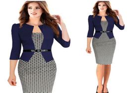 Newest Plaid Design Fasle Two Pieces With Belt Women Work Dress Plus Size Knee Length Long Sleeve Office Ladies Dresses Up to 2XL2933943