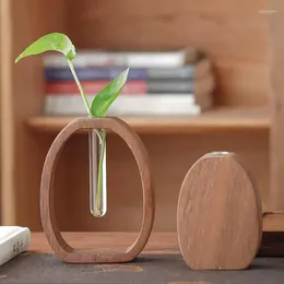 Vases Walnut Solid Wood Flower Ware Creative Arrangement Decoration Simple Glass Plant Stand Mini Water-cultured Vase