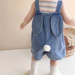 Overalls Rompers 1-7T cute baby denim jumpsuit for boys and girls sleeveless bunny tail suspension pants pocket jumpsuit adjustable denim jacket WX5.26