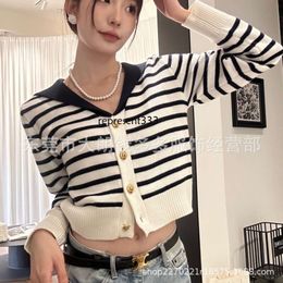 dresses 2023 Early Spring Miu Family Girl Miao Navy Stripe Doll Neck Knitted Cardigan