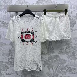 Hot Sale Designer Lace Women Suit Summer 2024 Lace Embroidery Letter Printed Short Sleeve T Shirts Linning Tees Casual Shorts Sets For Ladies FZ2405271