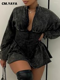 Casual Dresses CM. Women Long Sleeve Zipper Ruched Tunic High Waist Flare Jumpsuit Washed Streetwear Chic One Piece Suit Romper Playsuit