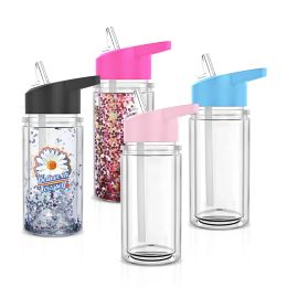 US Warehouse Pre-drilled 10oz snow globe plastic kids tumbler double walled acrylic cup for children DIY glitter sports water bottle with hole Plug