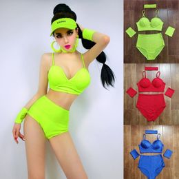 Stage Wear Pole Dance Clothing Nightclub Gogo Costumes Dj Hip Hop Jazz Dancing Fluorescent Green Bikini Suit Shorts Rave DNV14902 2557